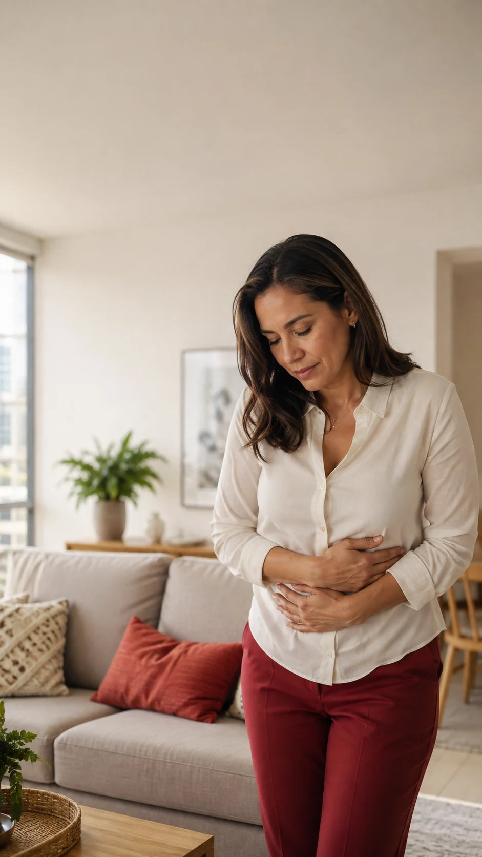 Mujer con incomodidad abdominal