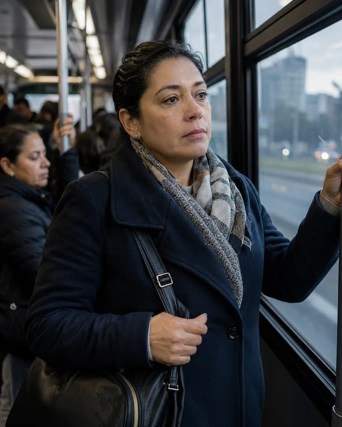 Trabajadora durante su trayecto diario en Bogotá
